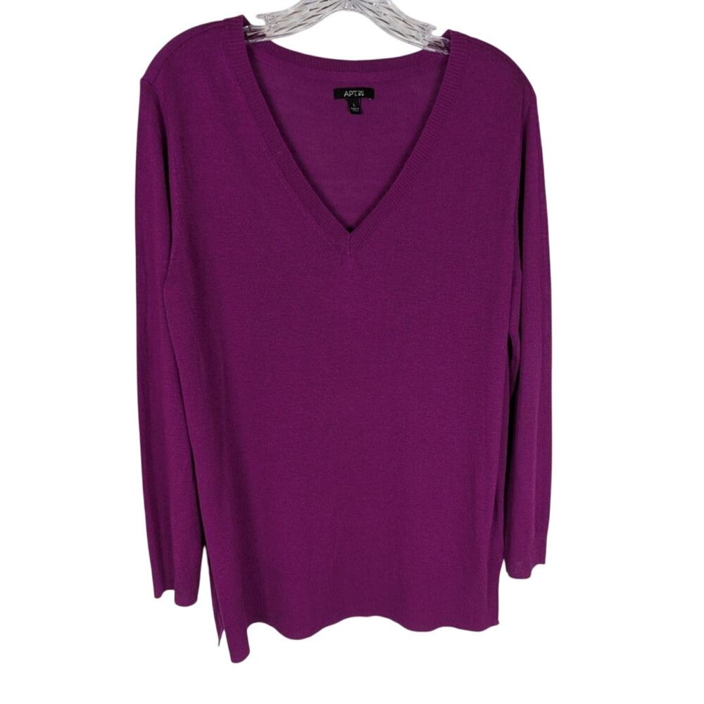 Apt 9 Deep Magenta/Plum V-Neck Tunic Sweater Split Hem Large fine knit EUC